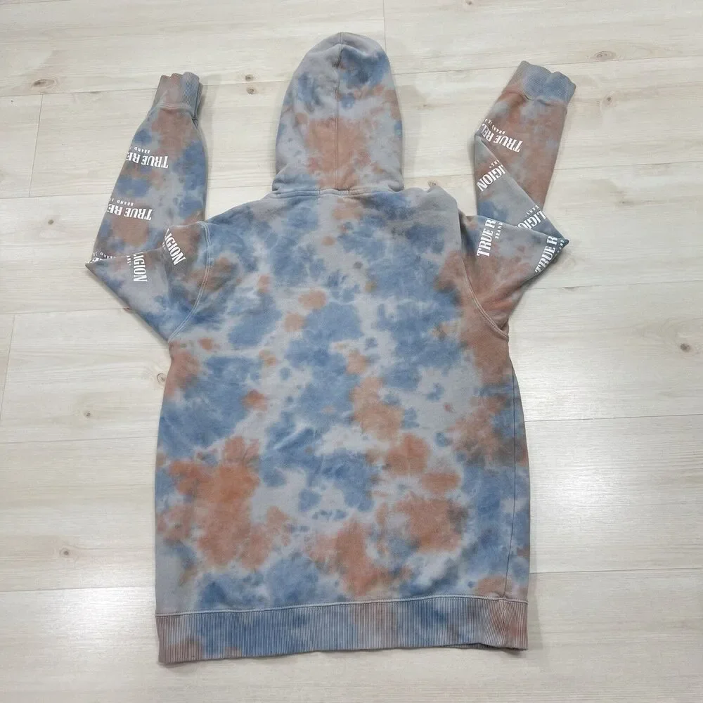 True Religion Hoodie Mens Small Tie Dye Blue Logo Spell Out Sleeves Pockets